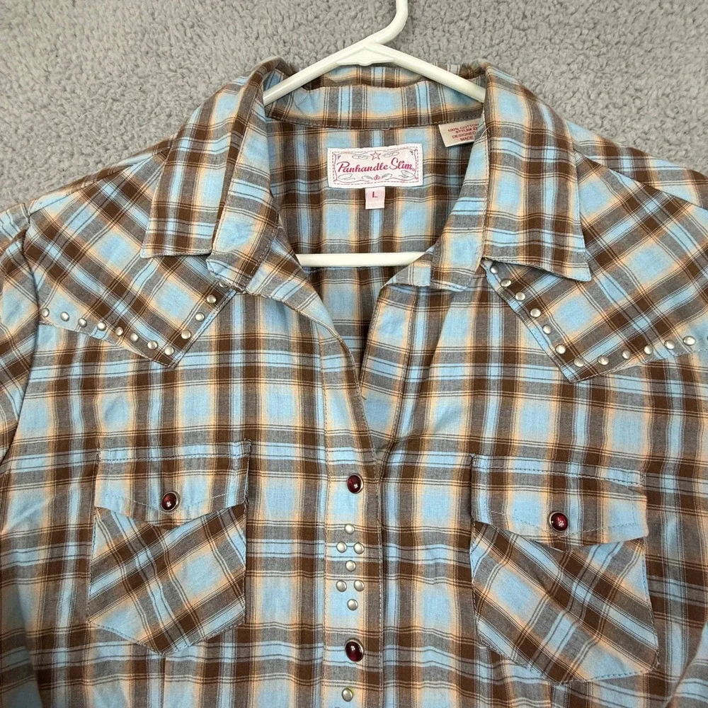Panhandle Slim Womens L‎ Western Plaid Studded Pearl Button Up Shirt